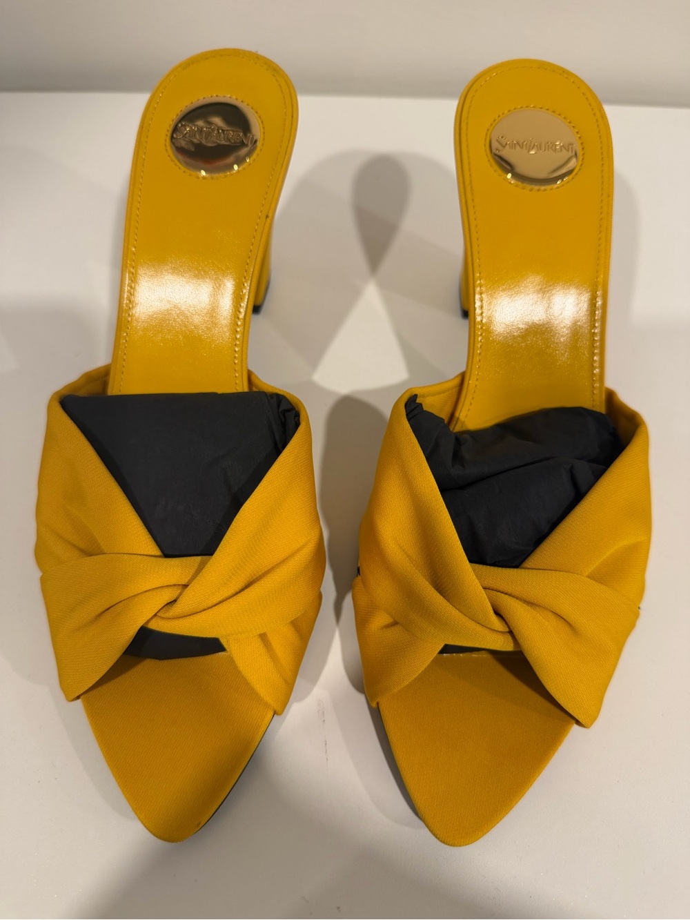 Saint Laurent Mustard Yellow Knotted Slide Mules